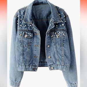 Women Embroidered Pearl Cropped Denim Jacket